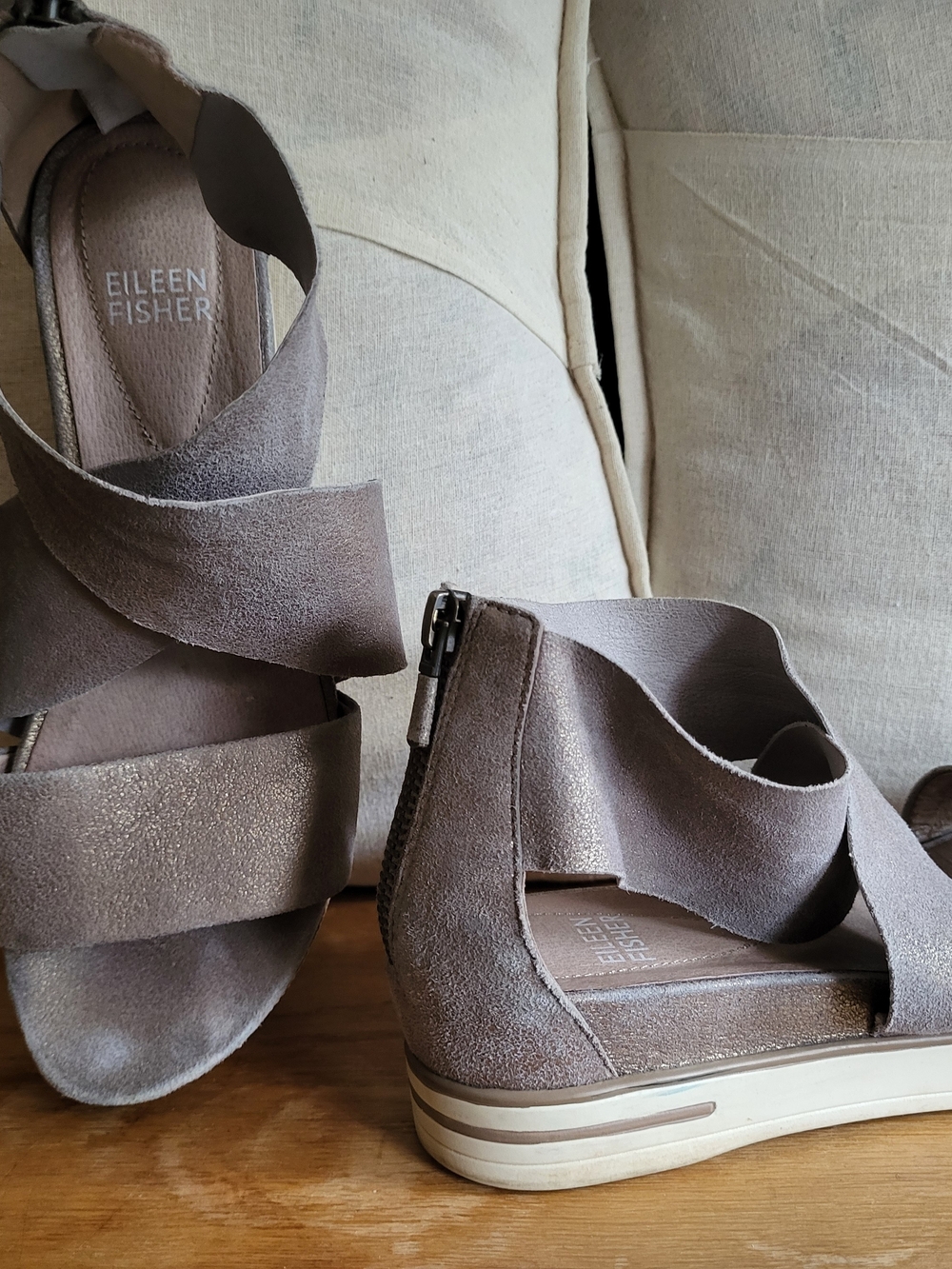 Eileen Fisher Metallic Taupe Crisscross Wedge Sandals